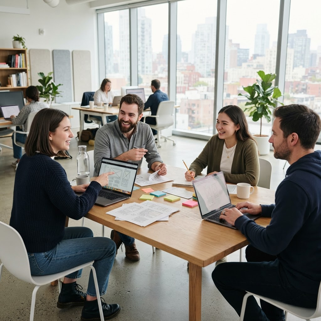 A web design team collaborating around a table in a bright modern office