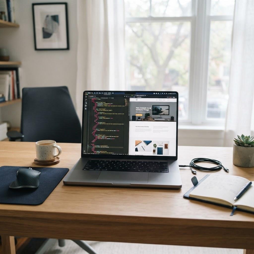A modern developer workspace with a laptop displaying clean code